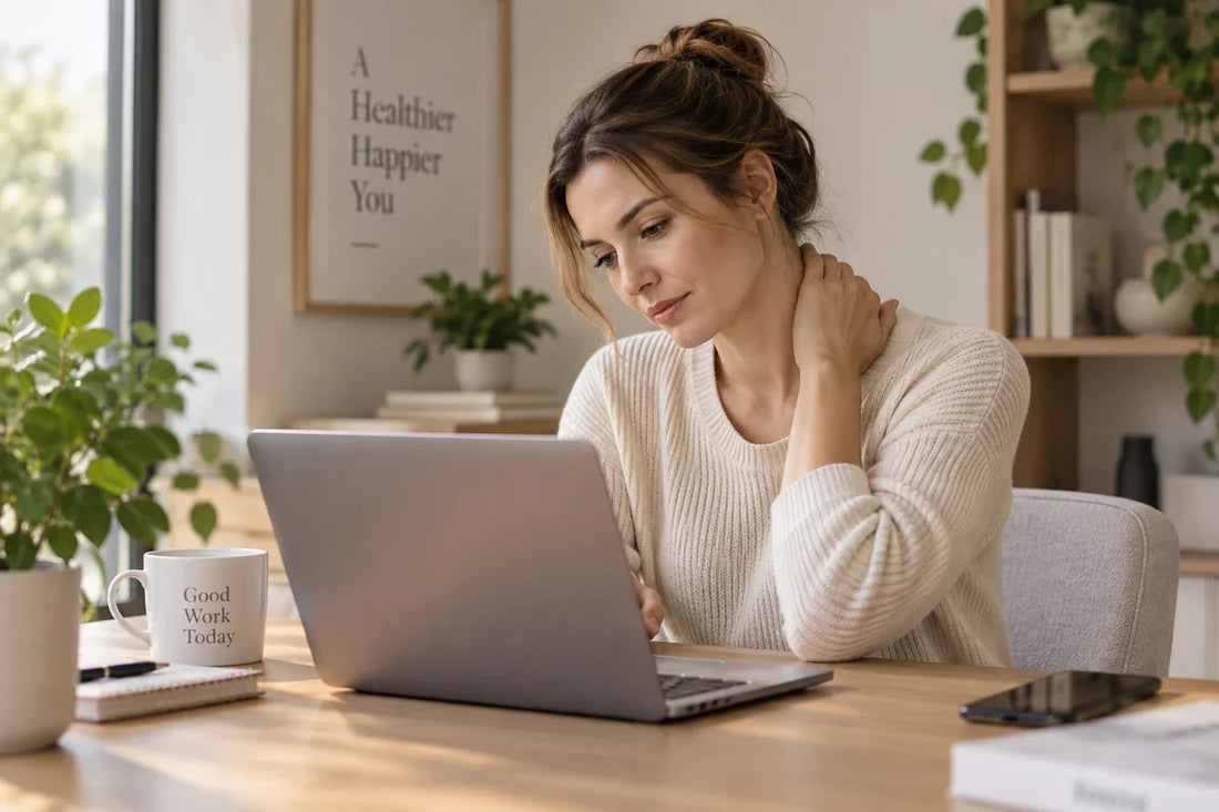 Woman working at a desk during a long day of screen time