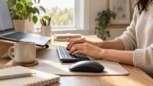 Office worker typing on a keyboard at a sunlit home desk, with wrists visible