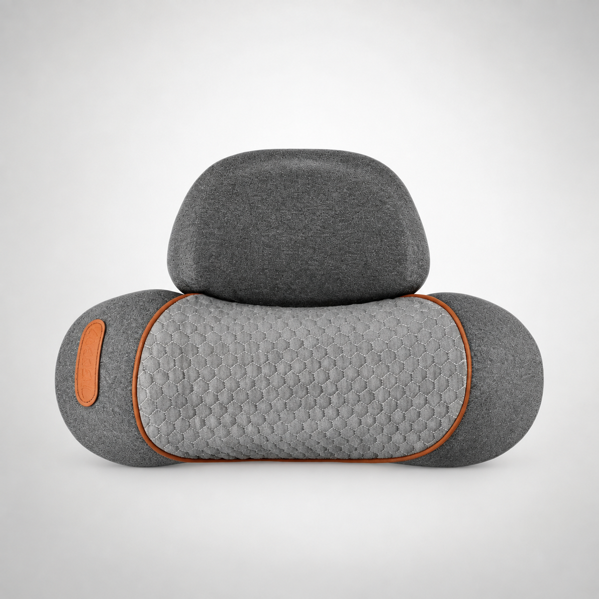 Gray 3-in-1 neck traction massager with orange trim and contoured head support