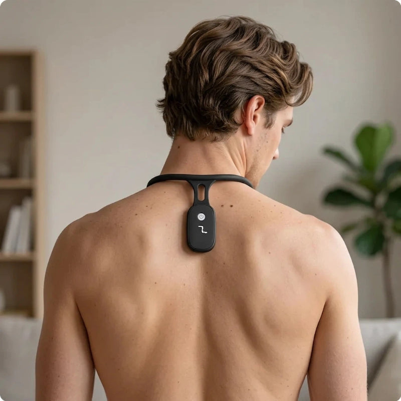 Smart Vibrating Posture Corrector worn by a man for upper back support