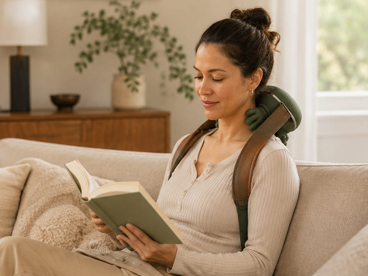 Woman reading on a sofa while wearing a green neck and shoulder massager