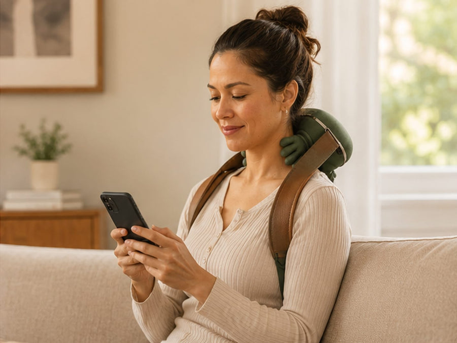 Woman looking at her phone while wearing a green neck and shoulder massager