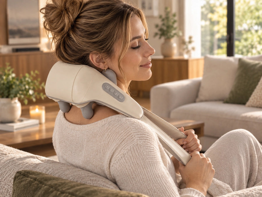 Woman wearing a beige neck and shoulder massager while seated on a sofa