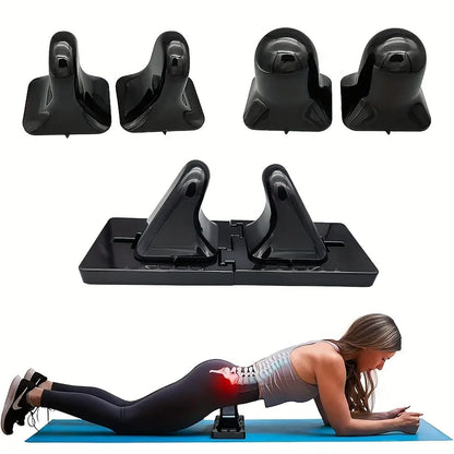 Black psoas release tool shown assembled, from multiple angles, and positioned under a woman's hip