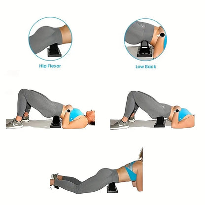 Woman demonstrating the psoas release tool under the hip flexor and lower back