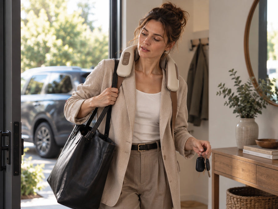 Woman carrying a shoulder bag near a parked car outside a house