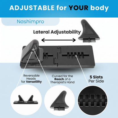 Adjustable black psoas release tool with reversible heads and five mounting slots per side