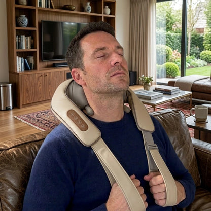 Man using a beige NASHIMPRO neck and shoulder massager while seated on a sofa