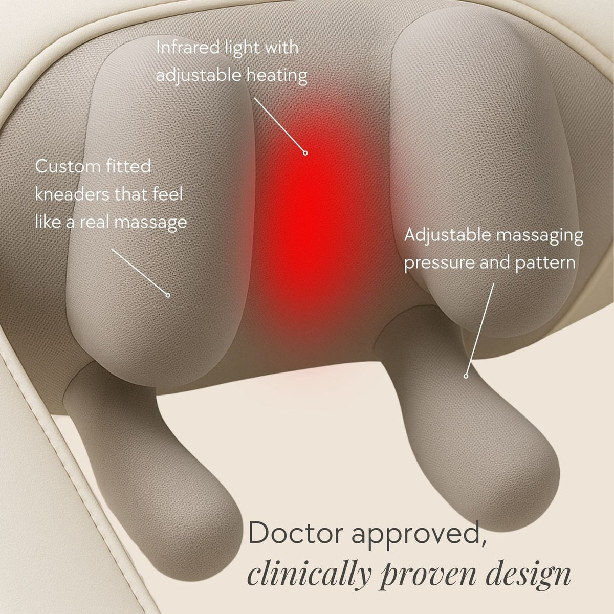Close-up of the gray kneading pads and highlighted heat area on the beige neck massager