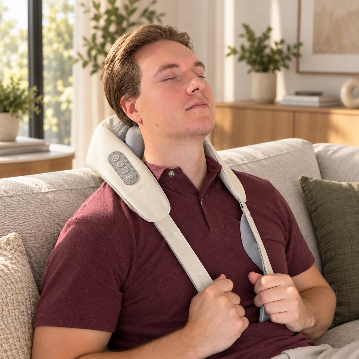 Man using the beige neck and shoulder massager while relaxing on a sofa