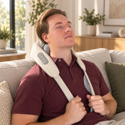 Man using the beige neck and shoulder massager while relaxing on a sofa