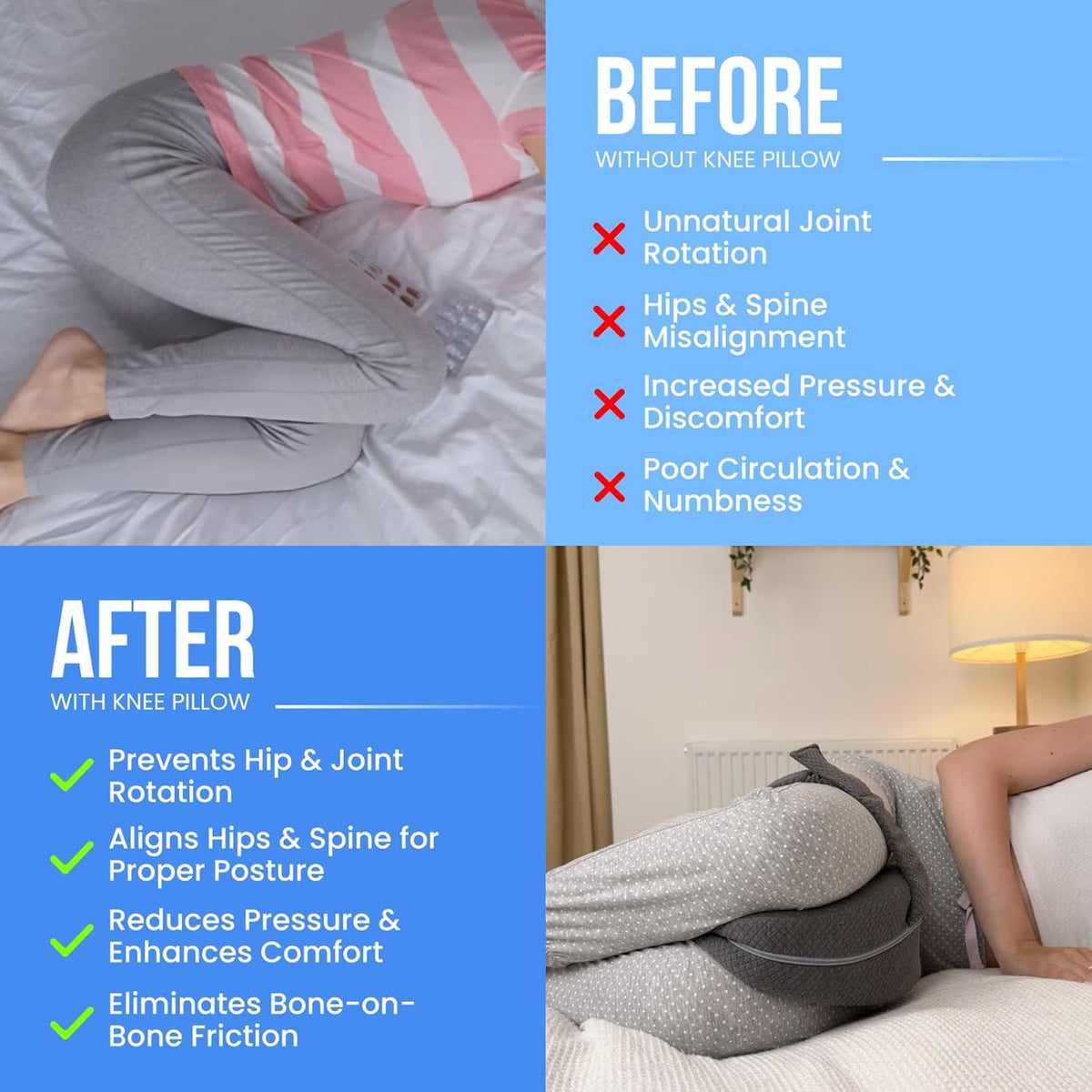 Before-and-after comparison of side sleeping without and with a gray knee pillow