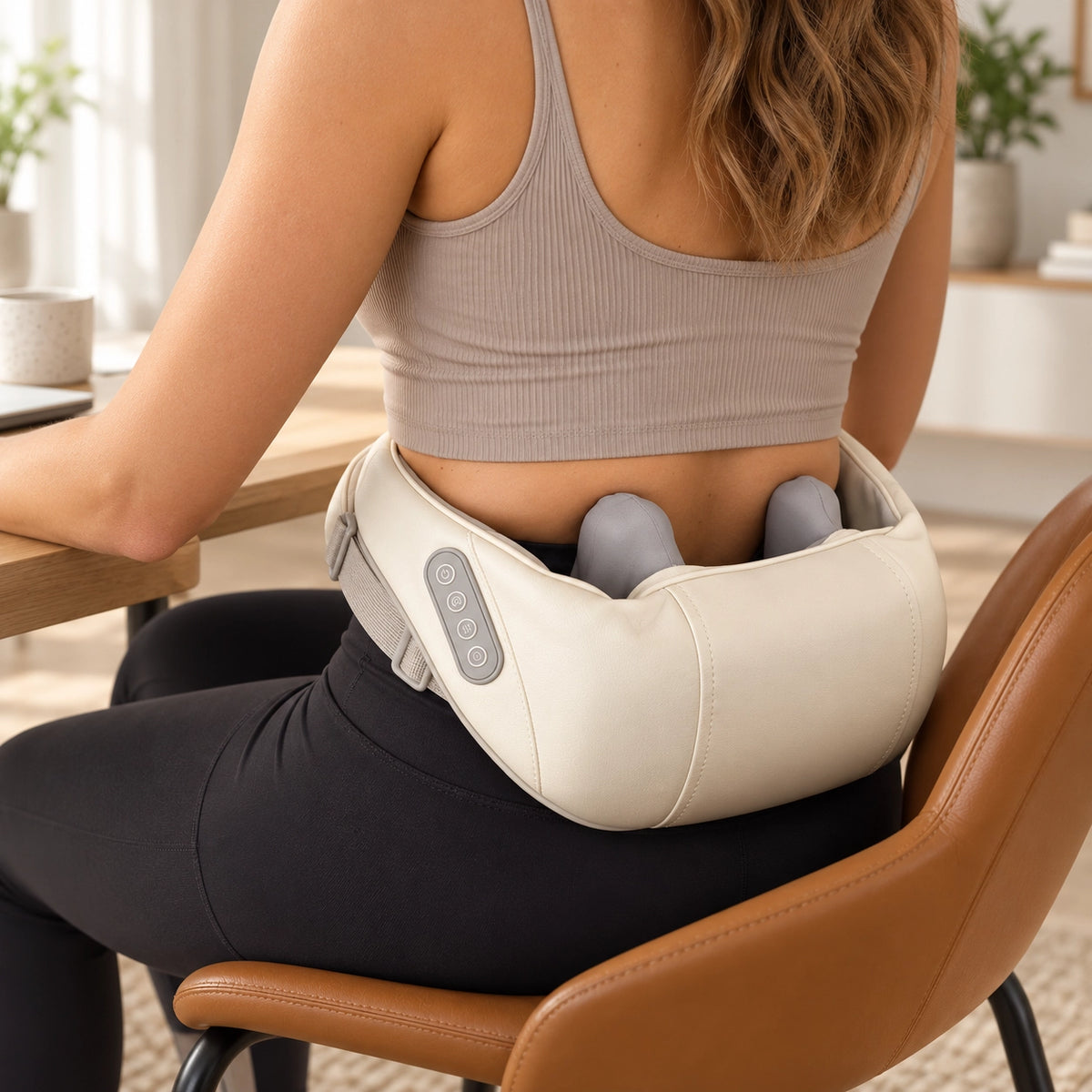 Woman wearing the beige massager around her lower back while seated at a desk