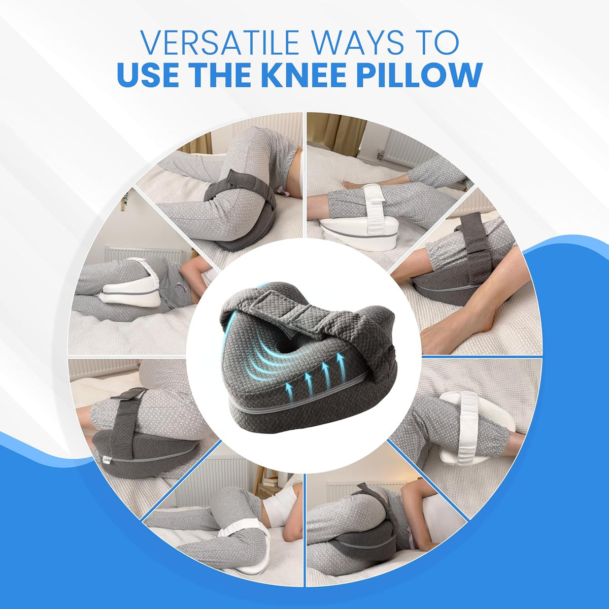 Gray and white knee pillows shown in multiple positions between a side sleeper's legs