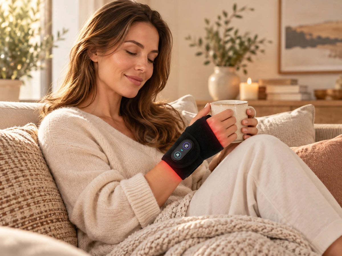 Woman wearing a black wrist wrap while holding a mug in a warm living room