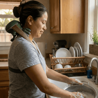 Woman using the green hands-free neck massager while washing dishes