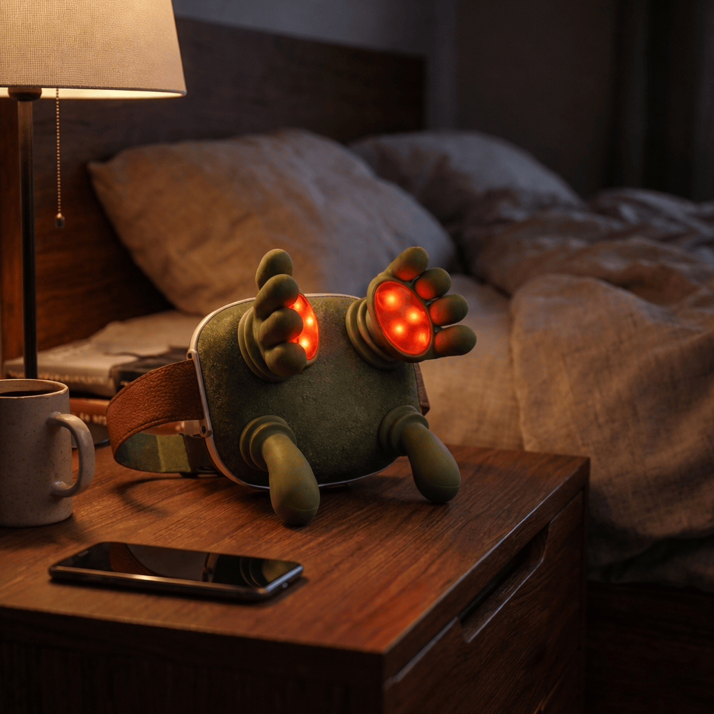 Green hands-free massager with illuminated red massage heads on a bedside table