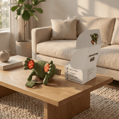 Green hands-free massager with illuminated heads beside its open box on a coffee table