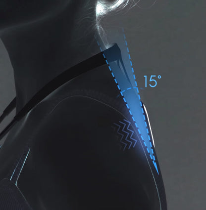 Side view diagram showing the neck posture corrector tilted at a 15-degree angle