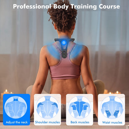 Smart Neck Posture Corrector worn by a woman with blue glow and muscle icons