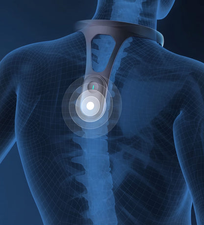 Blue anatomical diagram showing the posture corrector centered on the upper back