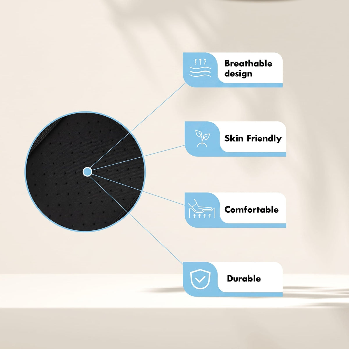 Close-up of perforated black fabric with breathability, comfort, and durability labels