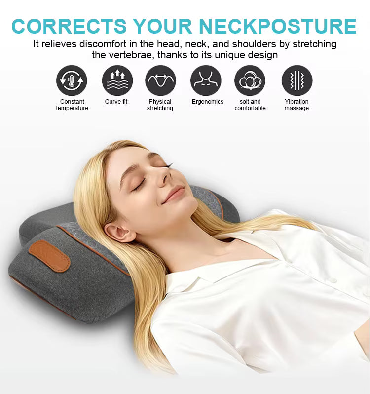 Woman lying on a gray neck traction massager with heat and vibration feature icons