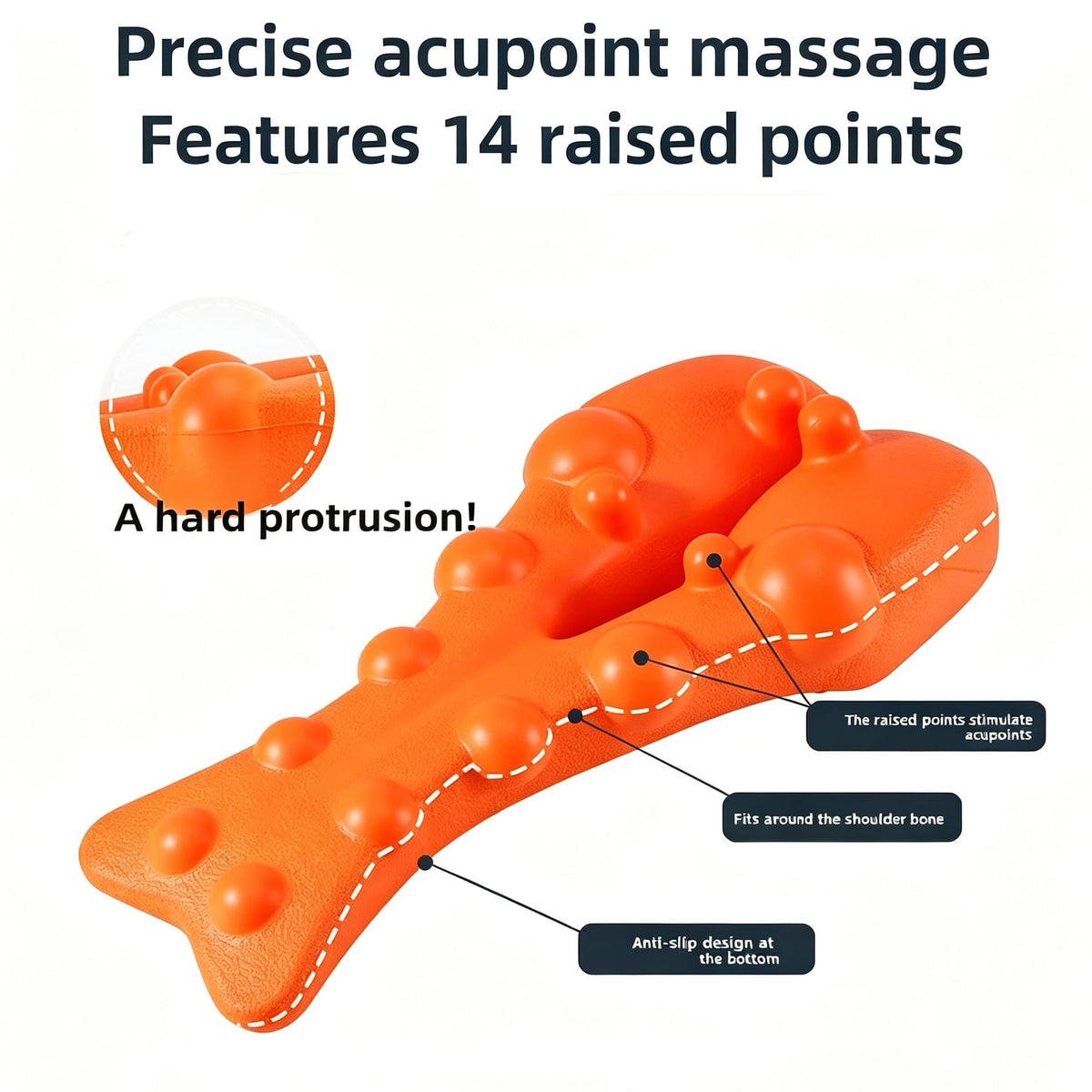 Close-up infographic of the orange trigger point massager's 14 raised nodes and curved base