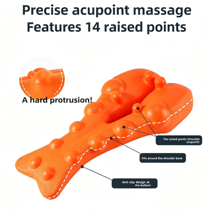 Close-up infographic of the orange trigger point massager's 14 raised nodes and curved base