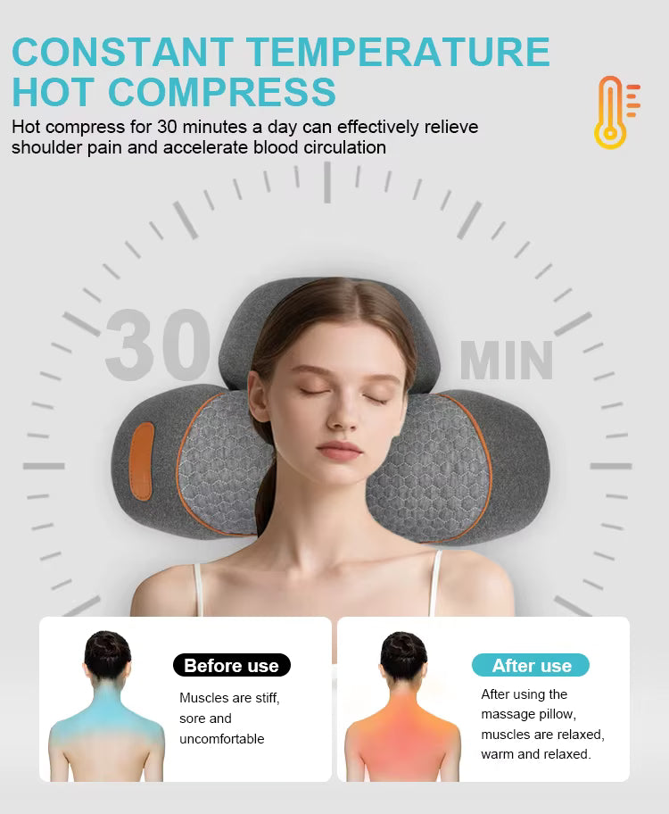 Woman resting on a gray neck traction massager in a 30-minute hot compress infographic