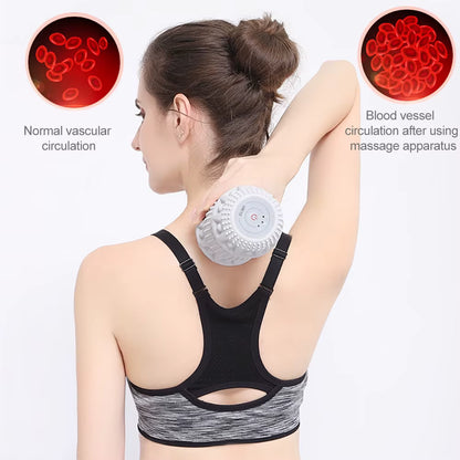 Woman holding a white textured vibrating roller against the back of her neck
