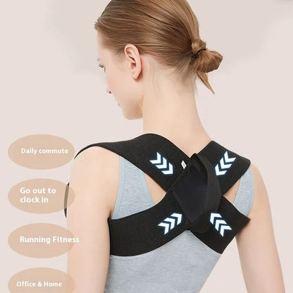 Rear view of a woman wearing the black corrector with inward tension arrows and activity labels