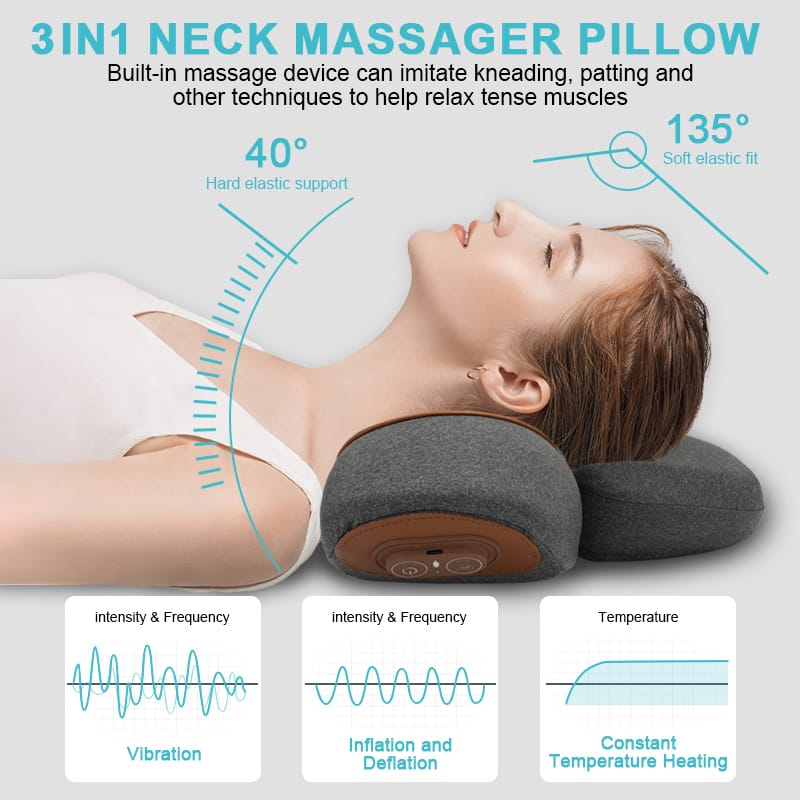 Woman lying on a gray neck massager pillow with vibration, inflation, and heating diagrams