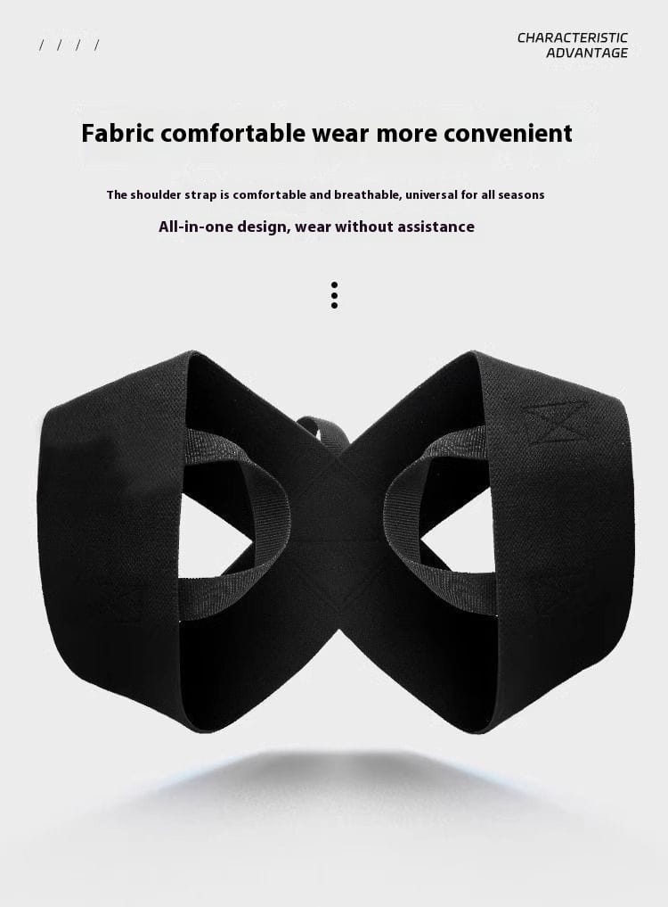 Black shoulder posture corrector with wide shoulder bands and crossed center straps