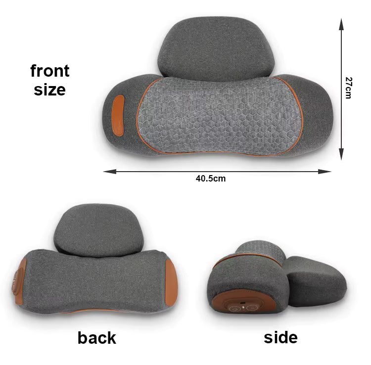 Gray neck traction massager shown from front, back, and side with dimensions