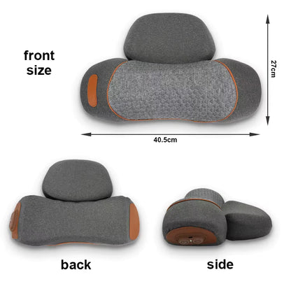 Gray neck traction massager shown from front, back, and side with dimensions