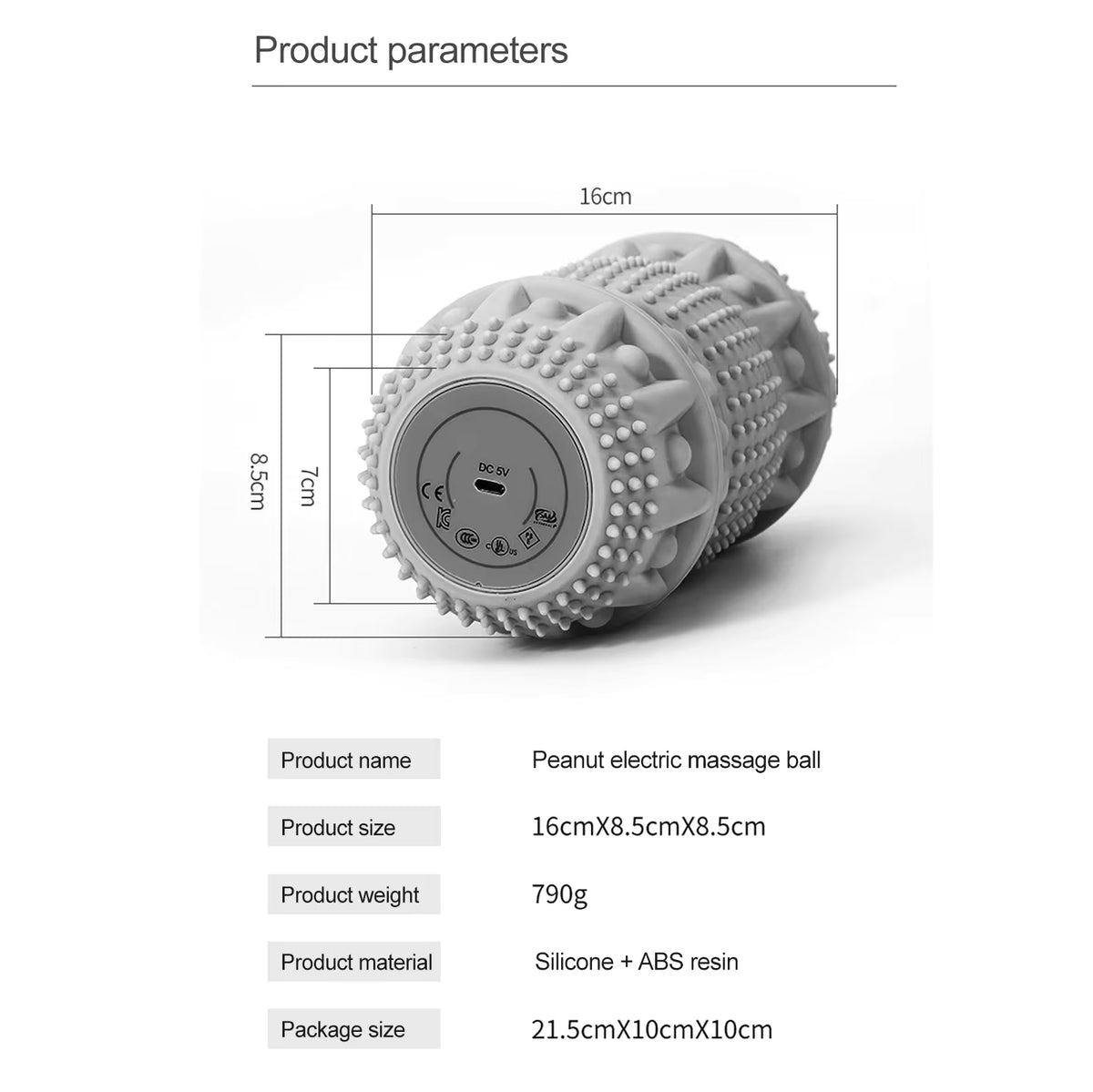 Vibrating Muscle Recovery Roller in gray peanut shape with size dimensions