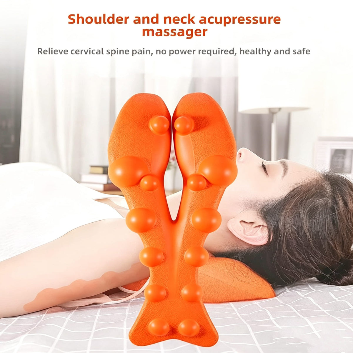 Woman lying with an orange trigger point massager positioned beneath her neck