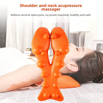 Woman lying with an orange trigger point massager positioned beneath her neck