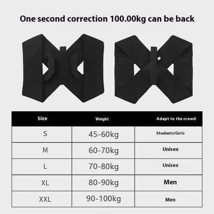 Invisible Shoulder Posture Corrector with size chart for choosing the right fit