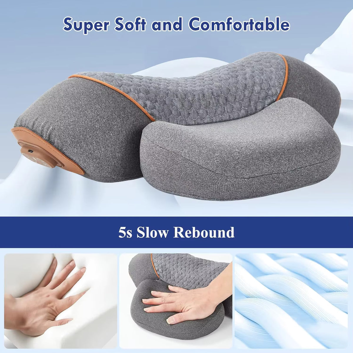 Close-up of the gray neck massager pillow with soft cushion and slow-rebound feature panels