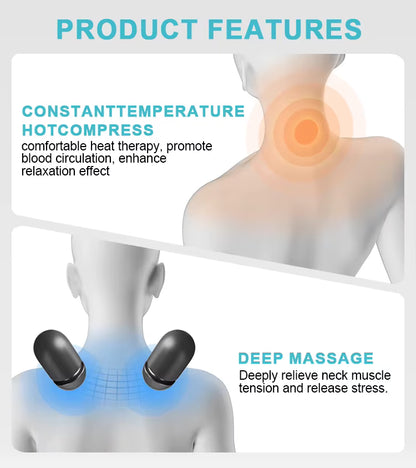 Heat and dual massage node feature infographic for the gray neck traction massager