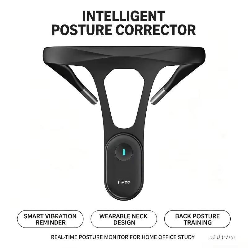 Black Smart Neck Posture Corrector with curved neck band, side arms, and central power button