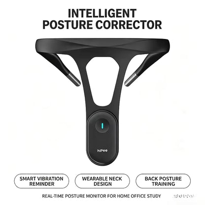 Black Smart Neck Posture Corrector with curved neck band, side arms, and central power button
