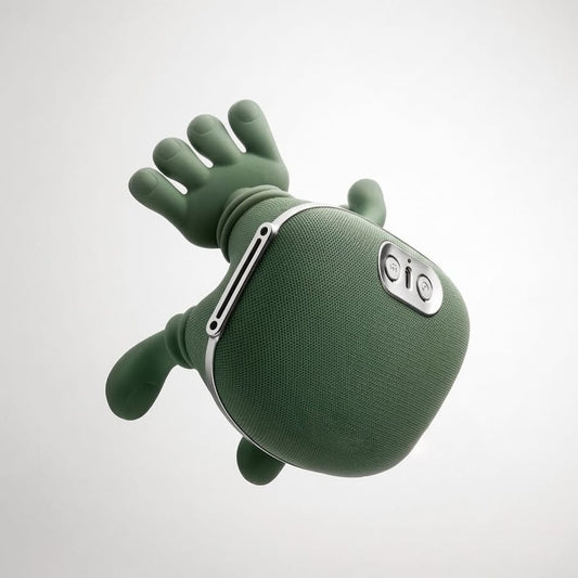 Green NASHIMPRO hands-free massager with hand-shaped massage heads and brown support strap