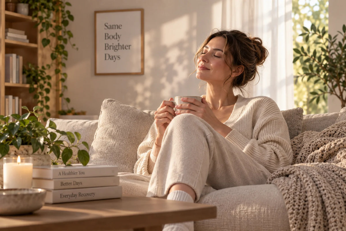 Woman relaxing on a sofa in a warm living room