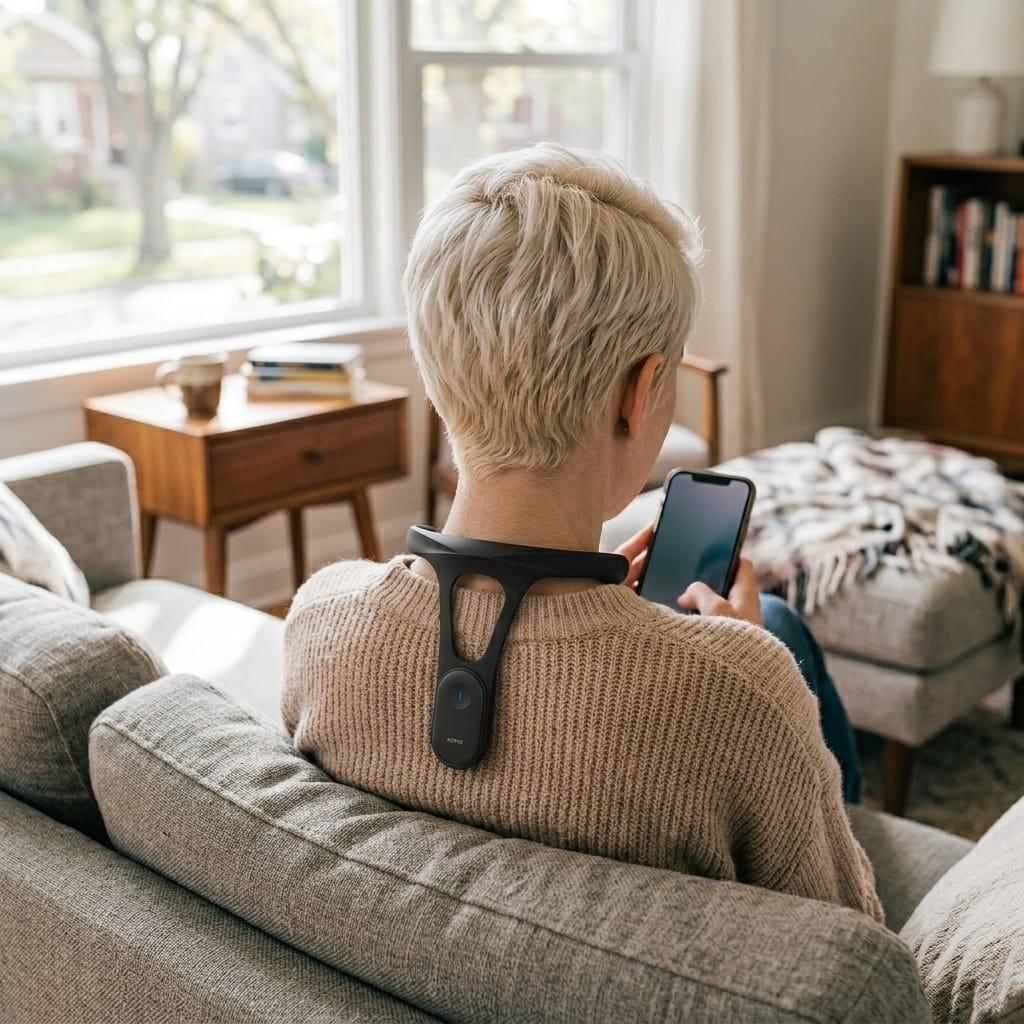 Smart Neck Posture Corrector worn by a woman while texting on a couch in a bright living room