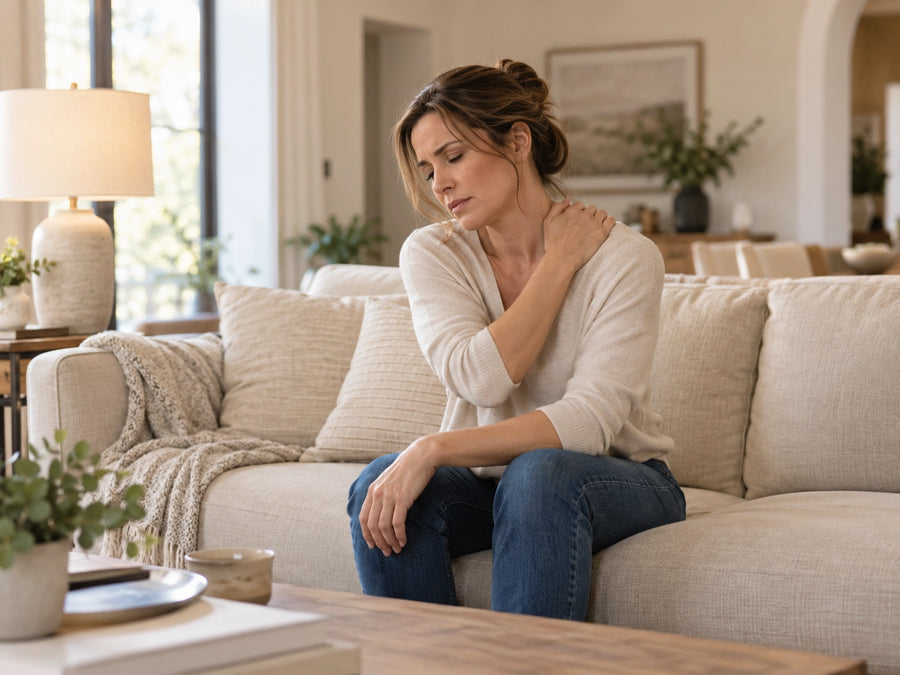 Woman sitting on a sofa with one hand resting on her neck