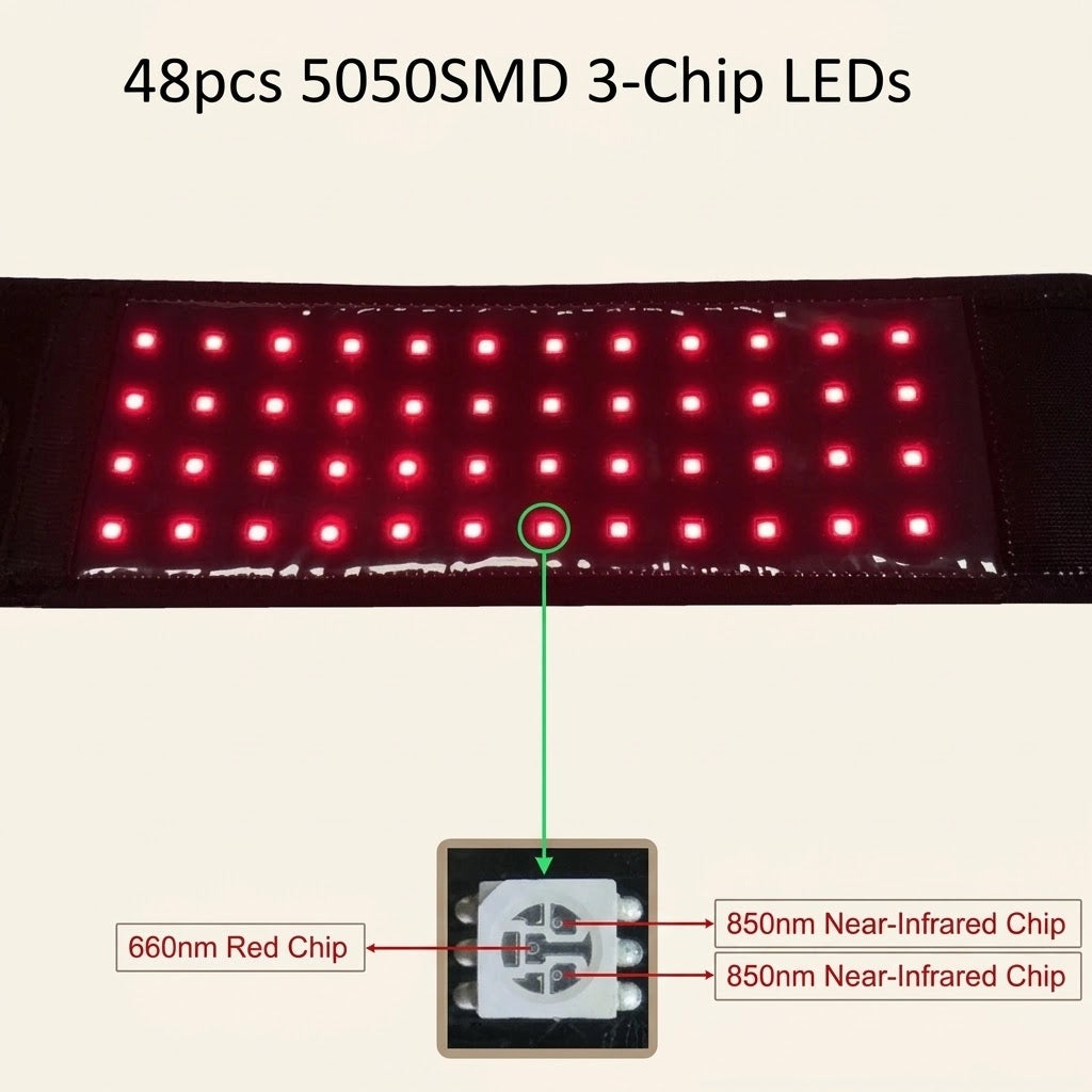 48 three-chip LEDs with 660nm red light and 850nm near-infrared light in the wrist wrap⠋