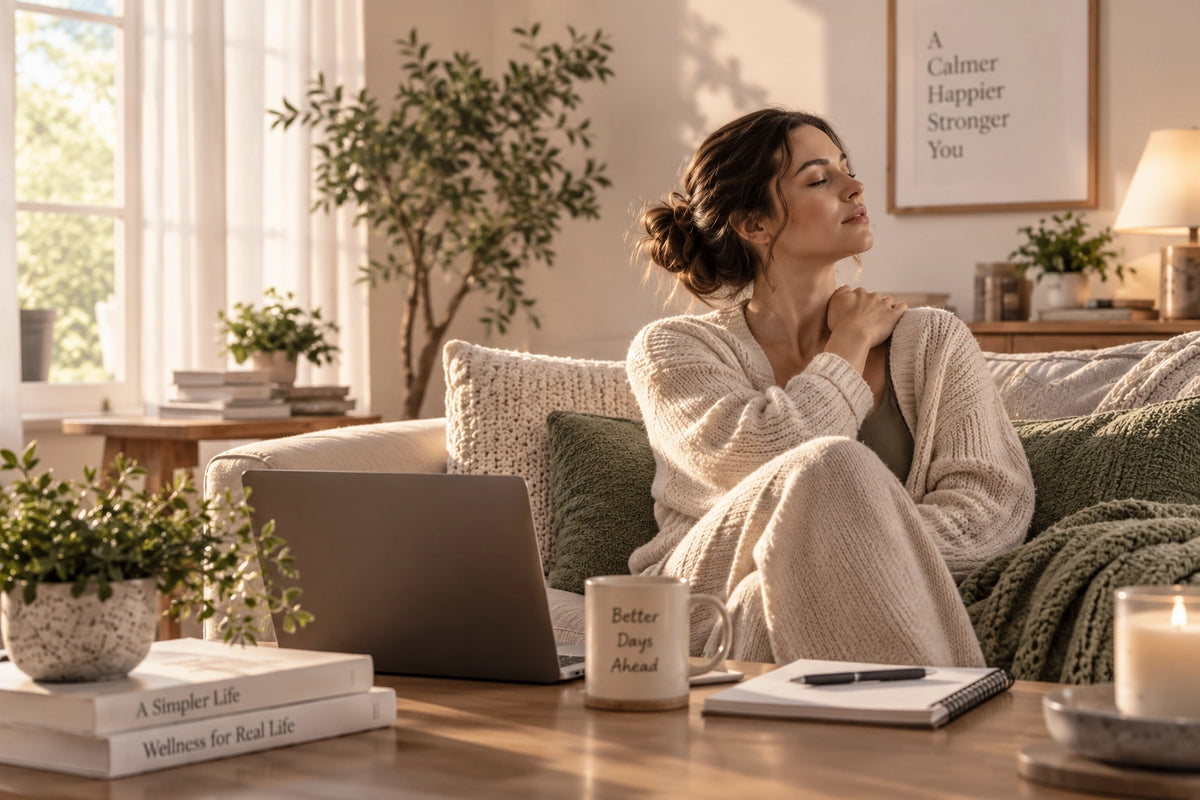 Woman in a cream sweater sitting on a sofa and touching her neck